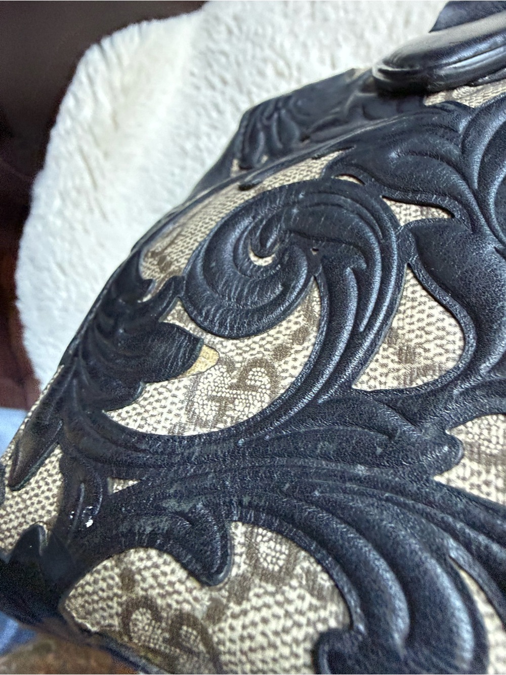Gucci Preloved Black GG Supreme Arabesque Tooled Floral Leather Accent Satchel - Picture 16 of 17